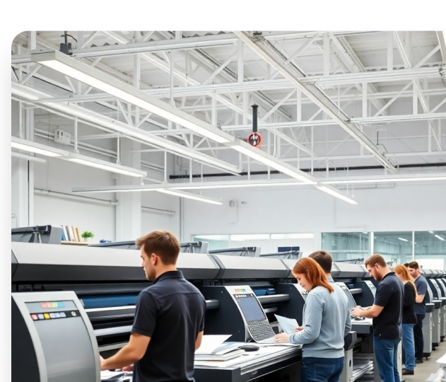 Teammedlemmar som arbetar vid industriella tryckpressar